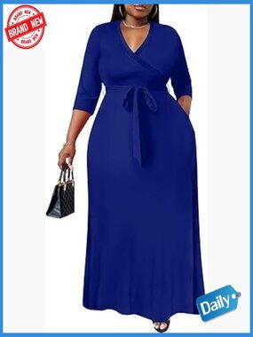 Plus Size Maxi Dress with Belt 3/4 Sleeve Flowy Long Dress XL-6XL